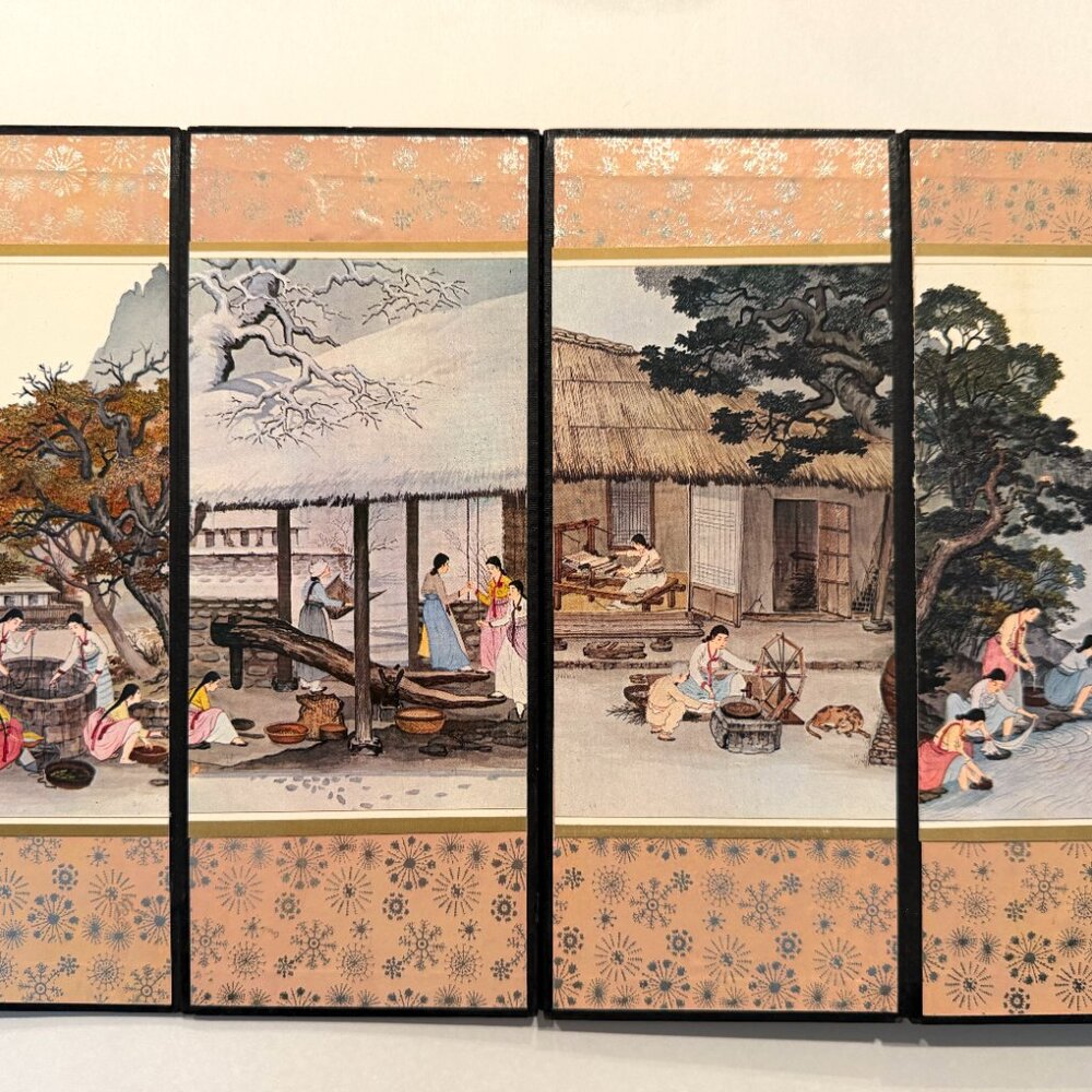Chinese Korean Six Panel Decorative Tabletop Byobu With Signature